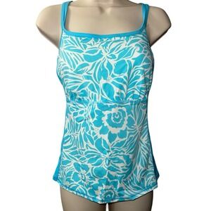 Lands' End Tankini Swimsuit Top Size 10 Blue White Floral Padded Bra Shelf M